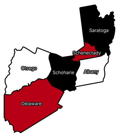 A map displaying Delaware, Otsego, Schoharie, Albany, Schenectady, and Saratoga counties